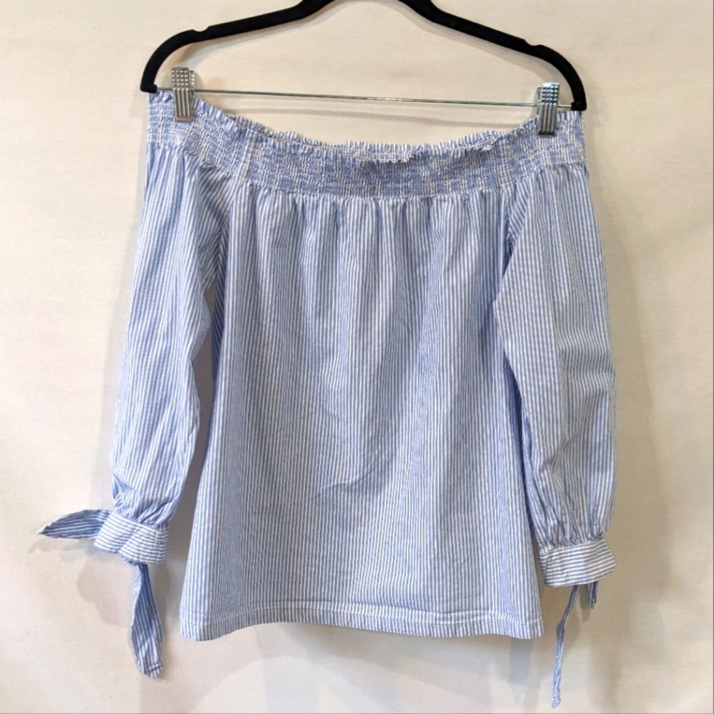 Loft Pinstripe 100% Cotton Blue and White Off the Shoulder Top Size XS